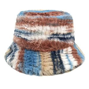 Colorful striped plush bucket hat with vibrant blue and brown gradient faux fur texture
