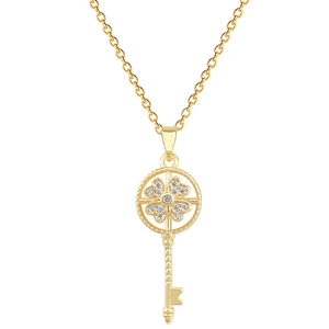 Luxurious gold stainless steel rotating key necklace with lucky clover and diamond accents