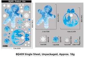 Detailed size chart for Christmas window stickers showing gingerbread and snowflake dimensions