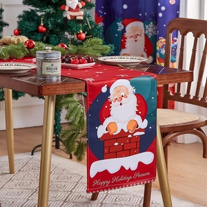 Christmas Table Runner Holiday Home Dining Decor Cartoon Santa Claus Chimney Print Polyester Linen Festive Cloth