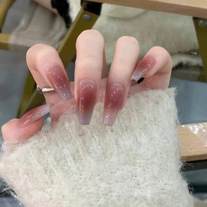 Press On Nails Long Coffin Shape Gradient Blush Wine Red Glossy False Nails For Women Elegant Manicure