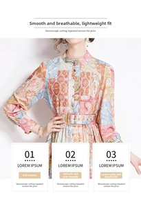 Detail view of the vintage printed long sleeve dress with waist belt and mandarin collar