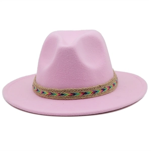 Detail of pink wool fedora hat featuring a colorful woven band with V-pattern