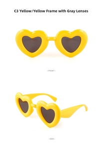 Front and side view of heart-shaped sunglasses in vibrant yellow with grey lenses