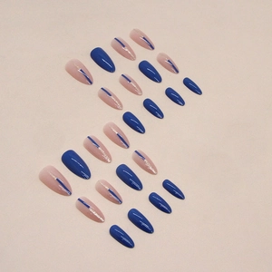 Dark blue and pink glitter almond press-on nails set with long stiletto design