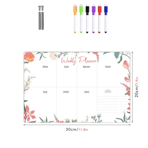 Detailed view of acrylic weekly planner set with floral patterns and 6 colorful pens