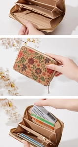 Detail view showing cork wallet interior with card slots and a floral printed exterior
