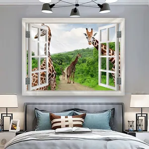 Detailed view of 3D window wall tapestry featuring giraffes on African savannah