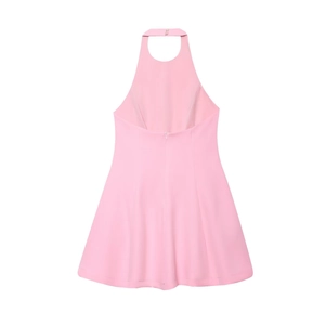 Detailed view of pink halter neck dress with sleeveless design and back zipper detail