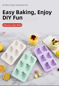 Detailed macro view of 6-cavity bear silicone cake mold on elegant marble background