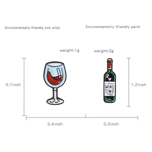 Cartoon enamel brooch set featuring wine glass and wine bottle with Wine Time text