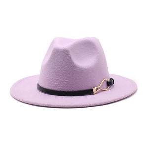 Close-up of lavender wool felt fedora with black leather band and gold buckle detail