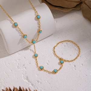 Elegant 18K gold plated stainless steel chain necklace and bracelet with turquoise stones