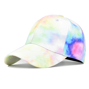 Detailed close-up showing vibrant tie-dye pattern and stitching on a six-panel baseball cap