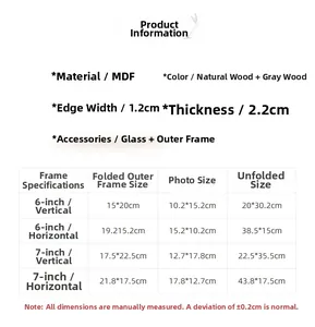 Detailed size chart for 6 and 7 inch double-sided rotating MDF photo frames