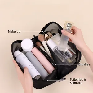 Large black mesh makeup bag with three functional compartments for cosmetics storage