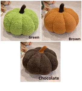 Plush pumpkin pillows in green, brown, and chocolate fleece textures for cozy home decor