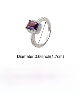 Macro shot of silver ring featuring a square purple gemstone and measurements detail