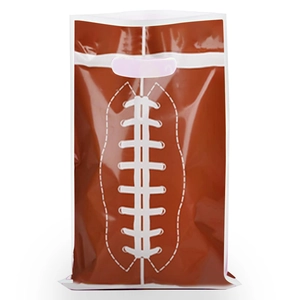 Macro view of a football-style plastic gift bag with die-cut handles and glossy finish