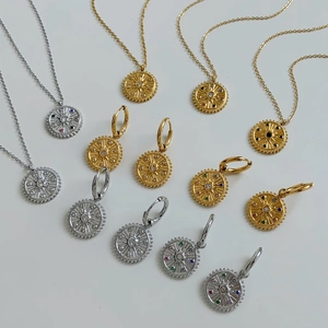 Sun Compass Pendant Necklace And Hoop Earrings Stainless Steel Colorful Zircon Light Luxury Fashion Jewelry For Women