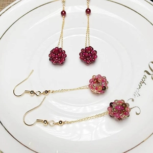 Original Design Hand Woven Crystal Ball Drop Earrings Natural Garnet Tourmaline 14K Gold Plated Ear Wire Long Chain Earrings