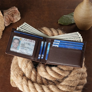 Vintage brown crazy horse leather bifold wallet with RFID protection and ID window