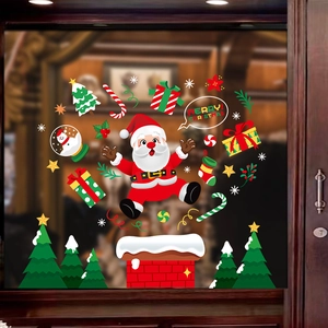 Christmas static window decals set with Santa, trees, and Merry Christmas text decor
