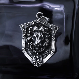 Lion Head Shield Pendant Necklace Stainless Steel Punk Gothic Retro Streetwear Jewelry For Men Antique Silver Finish