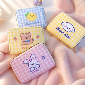 Kawaii Cartoon Card Holder PU Leather Checkerboard Plaid Large Capacity Zipper Wallet For Women Girls Students Cute