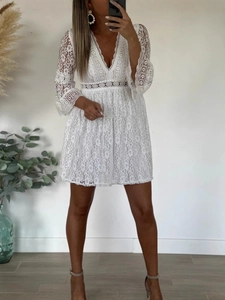Elegant white lace mini dress with V-neck, flare sleeves and hollow out waist design