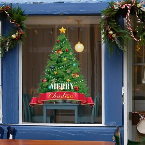 Christmas tree window static sticker with ornaments and Merry Christmas ribbon for shop decor
