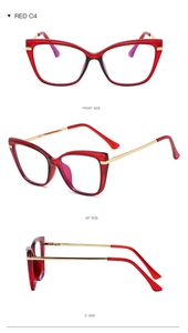 Three views of red cat-eye glasses with golden metal temples and smooth finish
