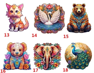 Close-up of colorful bohemian mandala animal puzzles featuring cat swan and elephant