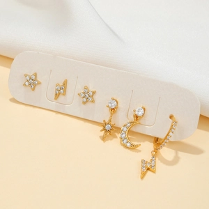 6-piece 18K gold plated earring set with star moon lightning charms and zircon stones