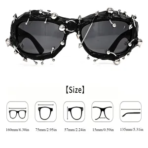 Size chart showing 160mm total width and 57mm lens height for punk metal rivet sunglasses