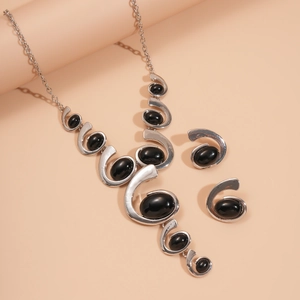 Parure bijoux argentée avec vortex ondulé et pendentifs ovales noirs pour femmes