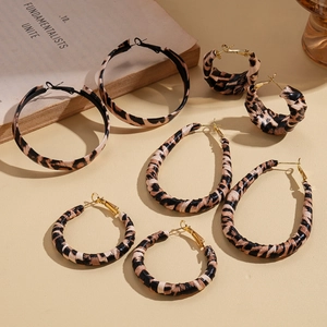 Leopard print leather wrap hoop earrings set with round and teardrop shapes