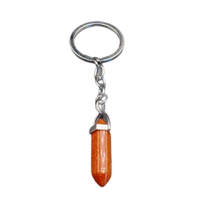 Natural goldstone crystal hexagonal pillar pendant keychain with silver metal ring