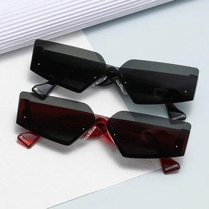 Retro polygon rimless sunglasses in black and transparent red frame, stylish eyewear pack