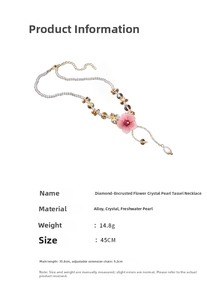 Detail of pink flower crystal necklace with fresh water pearls and 45cm chain specs