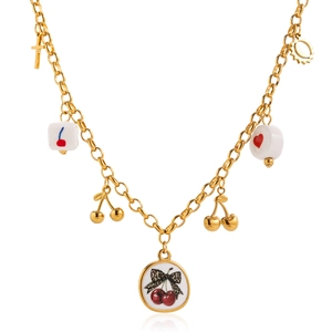 Collier vintage en acier inoxydable doré 18K avec breloques cerises et pendentifs croix