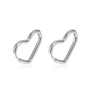 Minimalist silver heart-shaped stainless steel hoop earrings for women on white background