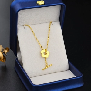 Titanium steel gold floral pendant necklace with OT toggle clasp in jewelry gift box