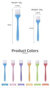 Size comparison of translucent silicone pastry brushes in two lengths and six colors