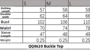Detailed size guide table for long sleeve buckle top and wide leg pants set showing S M L