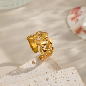 Minimalist gold stainless steel chain link open ring with elegant geometric cutout design
