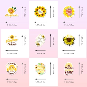 Detailed size specifications for nine sunflower stickers with yellow floral patterns