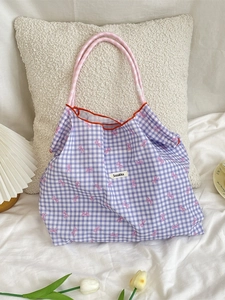 Large capacity canvas tote bag with purple check patterns and pink ribbon prints