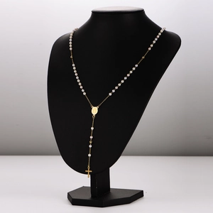 Colorful stainless steel pearl rosary necklace with virgin mary medal and cross charm