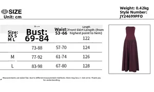 Size chart table for the backless tube maxi dress showing bust waist and length in cm